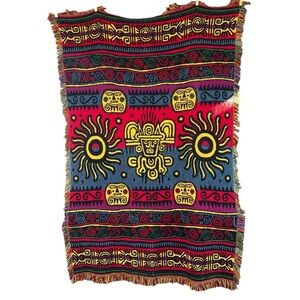 Mayan Aztec Native Woven Throw Fringed Bright Multicolor Tribal Design 49x72 GUC